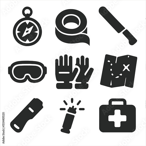 Wasteland Survival Icons. Solid, filled icons set of wasteland survival gear: compass, duct tape, machete,