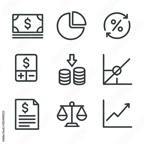 Financial Metrics Icons. Outline icon set of financial metrics and KPIs: revenue, profit margin, ROI, expenses, cash flow,
