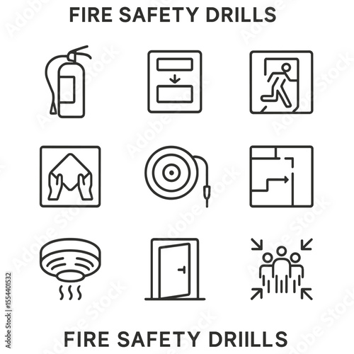 Fire Safety Icons. Outline icon set of fire safety drills: fire extinguisher, fire alarm pull station, exit sign, fire blanket,