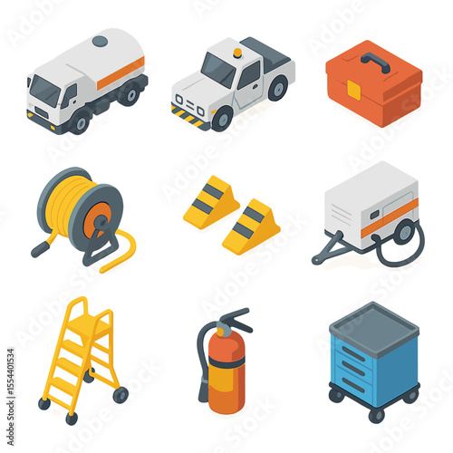 Ground Support Equipment Icons. Isometric Flat icon set of ground support equipment: fuel truck, tow tug, maintenance toolbox, air