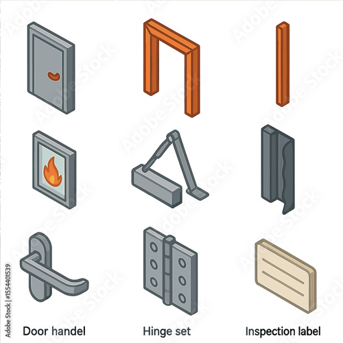 Fire Door Icon Set. Isometric Flat icon set of fire-resistant doors: steel fire door, tropical hardwood frame, intumescent strip,