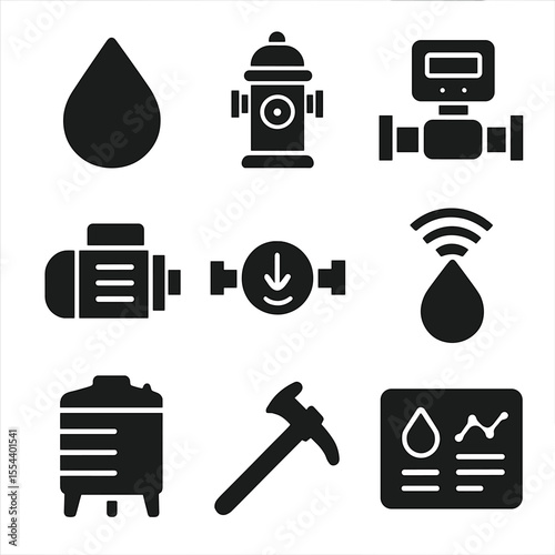 Water System Icons. Solid, filled icons set of water supply and control systems: water drop, hydrant icon,
