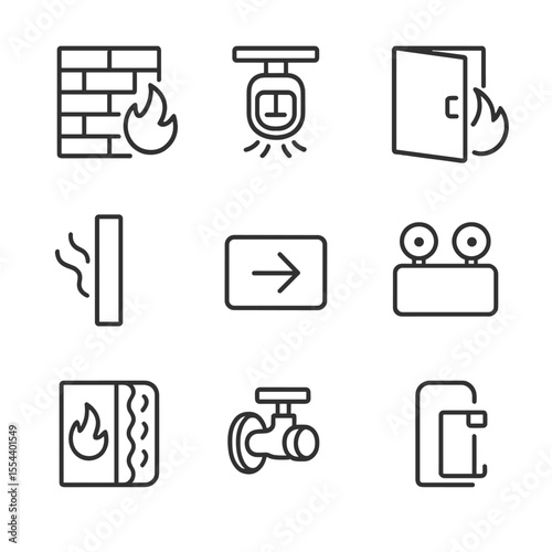 Fire Safety Icons. Outline icon set of Fire Safety and Egress Cutaway: fire-rated wall, sprinkler head, fire door, smoke barrier,