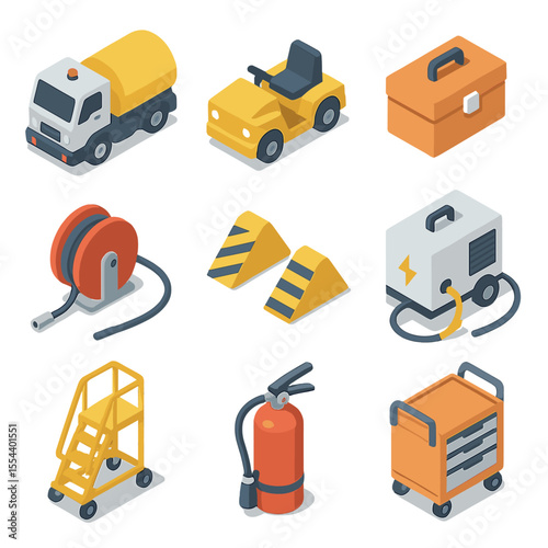 Ground Support Equipment Icons. Isometric Flat icon set of ground support equipment: fuel truck, tow tug, maintenance toolbox, air