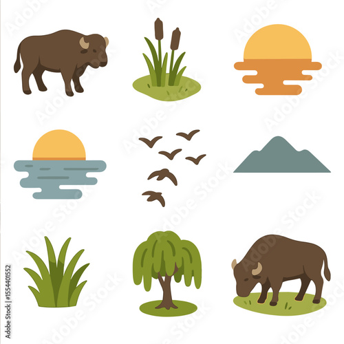 Buffalo by Riverbank. Isometric Flat icon set of buffalo grazing by river at sunset: buffalo, riverbank reeds, setting sun, water