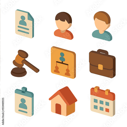 Guardianship Icons Set. Isometric Flat icon set of guardianship appointment: guardianship petition, minor avatar, guardian avatar,