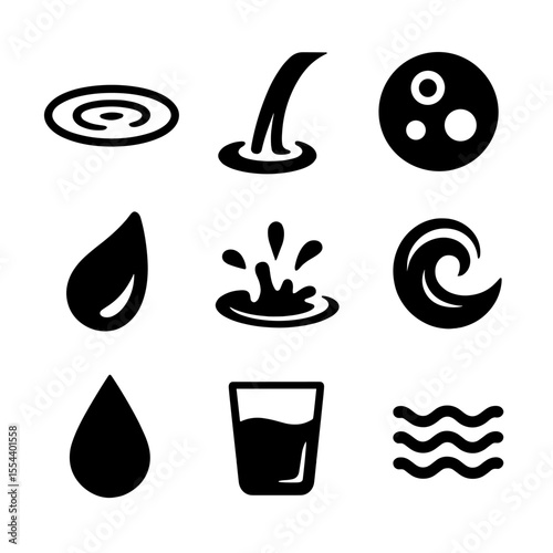 Water Texture Icons. Solid, filled icons set of water textures and details: clear ripple, smooth pour, clean