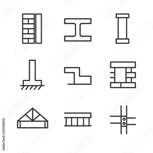 Building Structure Icons. Outline icon set of Building Structural Cutaway: load-bearing wall, beam section, column, foundation