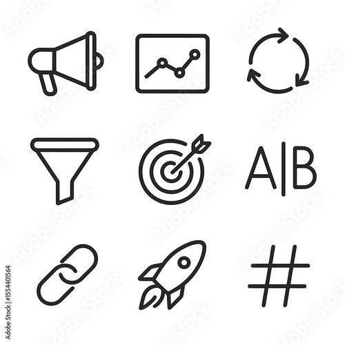 Growth Hacking Icons. Outline icon set of growth hacking strategies: megaphone, analytics graph, viral loop, funnel, target dart,