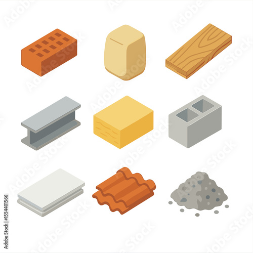 Building Materials Icons. Isometric Flat icon set of building materials: brick, cement bag, wood plank, steel beam, insulation