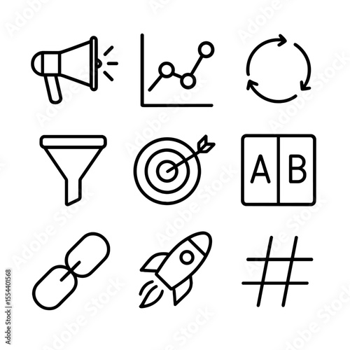 Growth Hacking Icons. Outline icon set of growth hacking strategies: megaphone, analytics graph, viral loop, funnel, target dart,