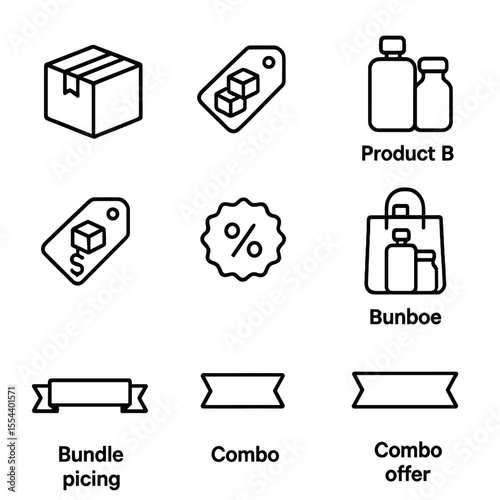 Bundle Pricing Icons. Outline icon set of Bundle Pricing Offers: bundle box icon, package deal tag, product A silhouette, product
