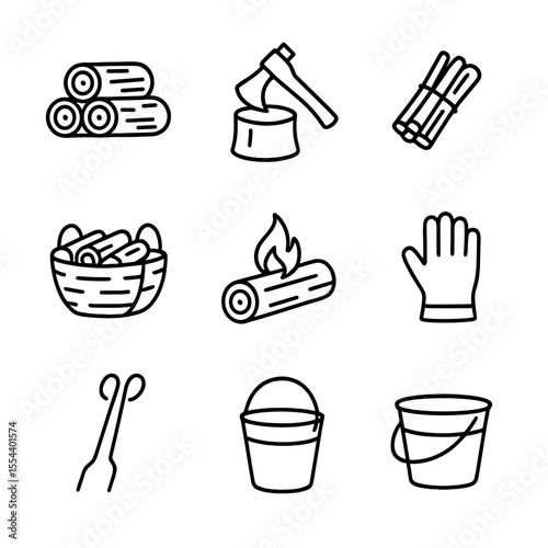 Firewood Tools Icons. Outline icon set of Firewood Storage and Tools: stacked logs, axe, chopping block, kindling bundle, wood