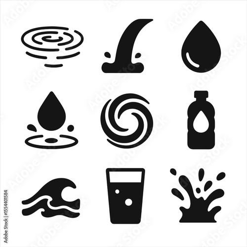 Water Texture Icons. Solid, filled icons set of water textures and details: clear ripple, smooth pour, clean