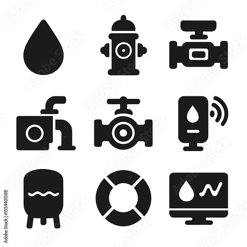 Water System Icons. Solid, filled icons set of water supply and control systems: water drop, hydrant icon,