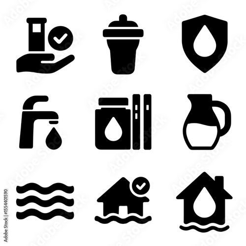 Water Safety Icons. Solid, filled icons set of safe water use after flooding: water test, water filter, safe