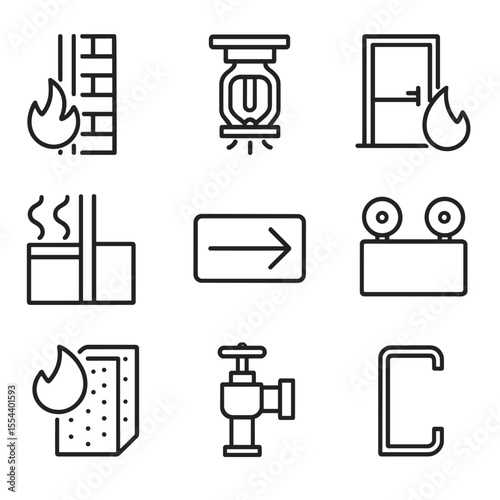 Fire Safety Icons. Outline icon set of Fire Safety and Egress Cutaway: fire-rated wall, sprinkler head, fire door, smoke barrier,