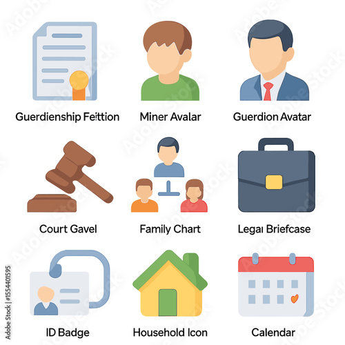 Guardianship Icons Set. Isometric Flat icon set of guardianship appointment: guardianship petition, minor avatar, guardian avatar,