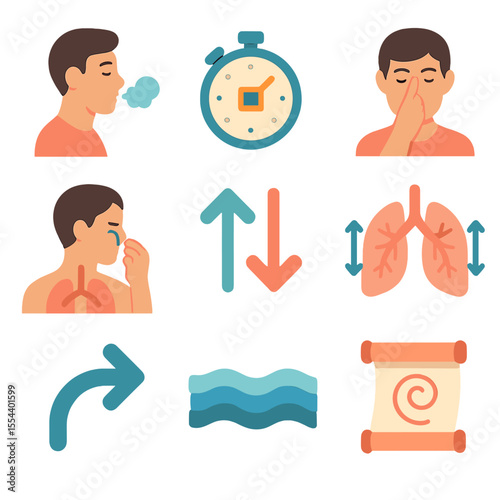 Guided Breathwork Icon Set. Isometric Flat icon set of guided breathwork: deep breath icon, box breathing timer, alternate nostril