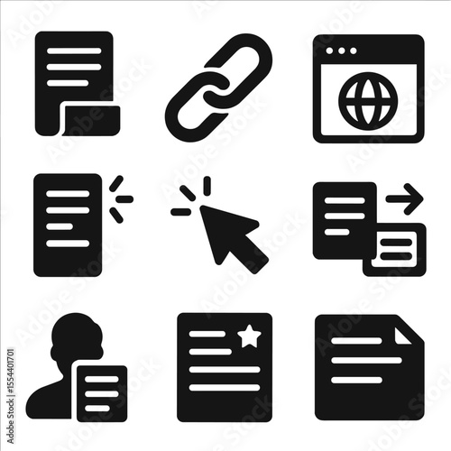 Website Icon Grid. Solid, filled icons set of website and blog recap: blog post, web link, website icon,