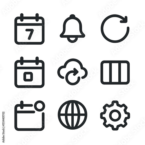 Calendar App Icon Set. Outline icon set of calendar app features: date picker, reminder bell, recurring event arrow, shared