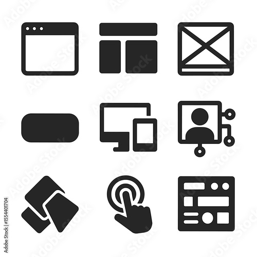 Web Design Icons. Solid, filled icons set of web and app design: browser icon, UI element, wireframe, button