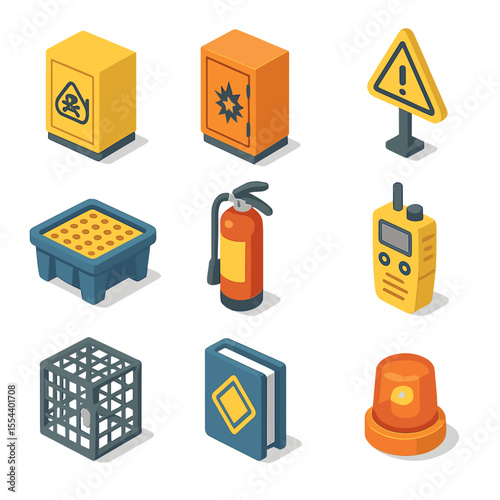 Hazardous Material Icon Set. Isometric Flat icon set of hazardous material storage: chemical storage cabinet, explosion-proof