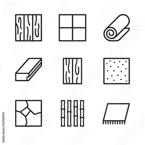 Flooring Types Icons. Outline icon set of flooring types and materials: hardwood plank, ceramic tile, carpet roll, laminate board,