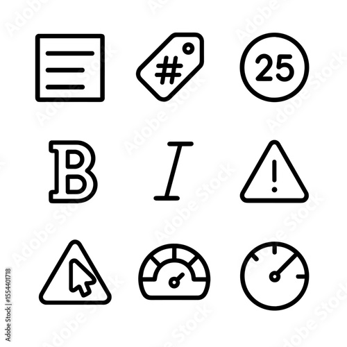 Headline Writing Icons. Outline icon set of headline writing elements: headline text, subheadline line, keyword tag, character