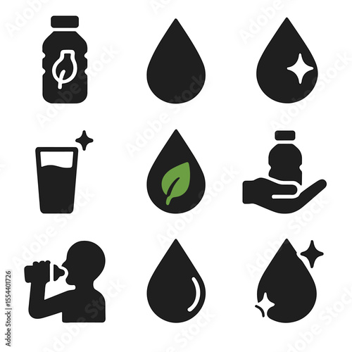 Wellness Hydration Icons. Solid, filled icons set of health and wellness drinking: wellness water, fresh