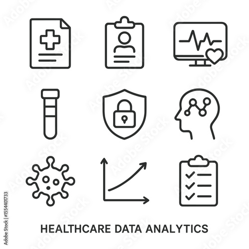 Healthcare Data Icons. Outline icon set of Healthcare Data Analytics: electronic health record, patient chart, heart rate monitor,