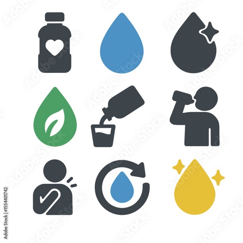 Wellness Hydration Icons. Solid, filled icons set of health and wellness drinking: wellness water, fresh
