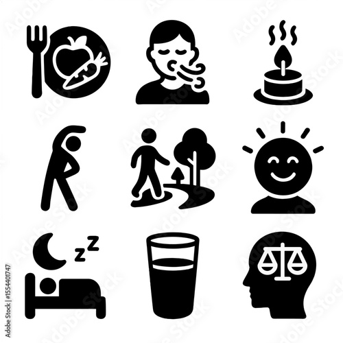 Wellness Transformation Icons. Solid, filled icons set of wellness transformation: healthy meal, mindful