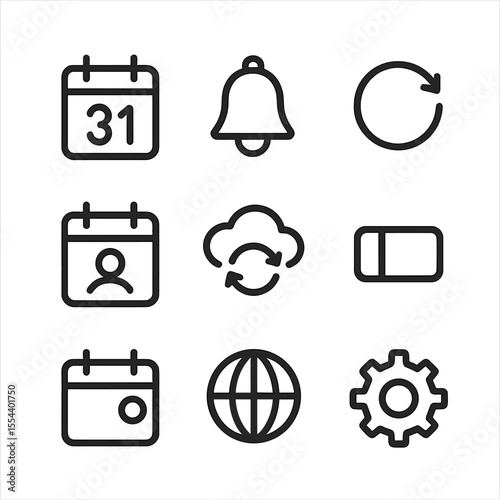 Calendar App Icon Set. Outline icon set of calendar app features: date picker, reminder bell, recurring event arrow, shared
