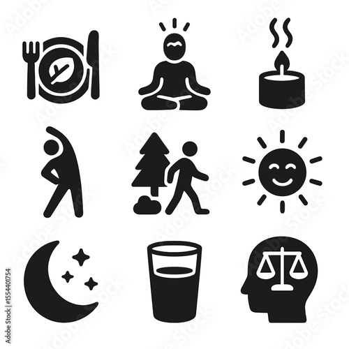Wellness Transformation Icons. Solid, filled icons set of wellness transformation: healthy meal, mindful