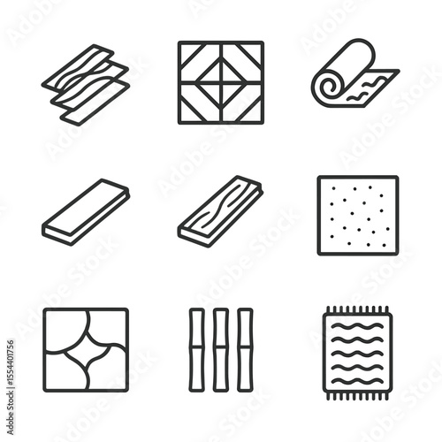 Flooring Types Icons. Outline icon set of flooring types and materials: hardwood plank, ceramic tile, carpet roll, laminate board,
