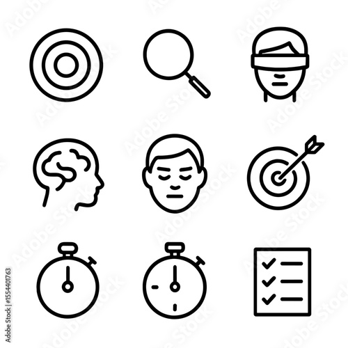 Focus Icons Set. Outline icon set of focus drills and concentration: target bullseye, magnifying glass, timer, blindfold icon,