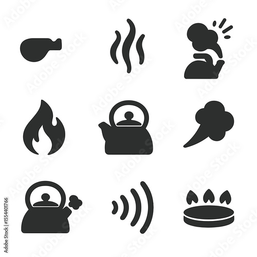 Whistling Kettles Icons. Solid, filled icons set of whistling kettles: whistle tip, rising steam, alert lines,