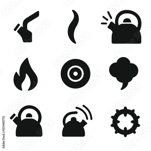 Whistling Kettles Icons. Solid, filled icons set of whistling kettles: whistle tip, rising steam, alert lines,