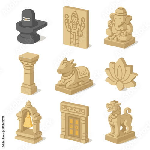 Hindu Temple Icon Set. Isometric Flat icon set of Hindu temple sculpture: Shiva lingam, Vishnu relief, Ganesha statue, mandapa