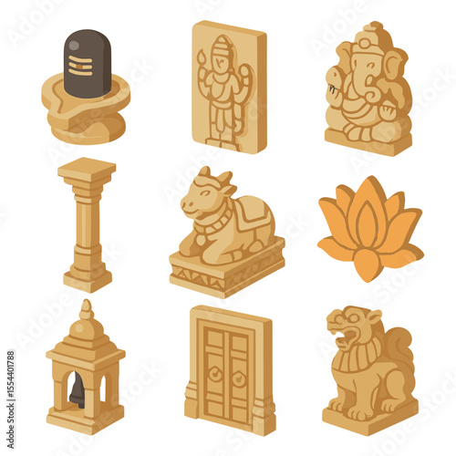 Hindu Temple Icon Set. Isometric Flat icon set of Hindu temple sculpture: Shiva lingam, Vishnu relief, Ganesha statue, mandapa