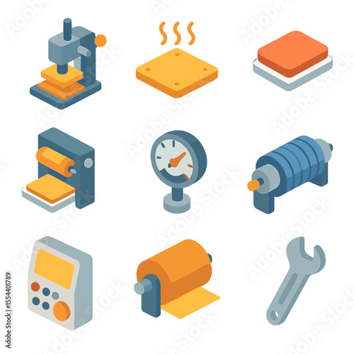 Foil Stamping Machines Icons. Isometric Flat icon set of foil stamping machines: hot stamping press, heating plate, silicone pad,