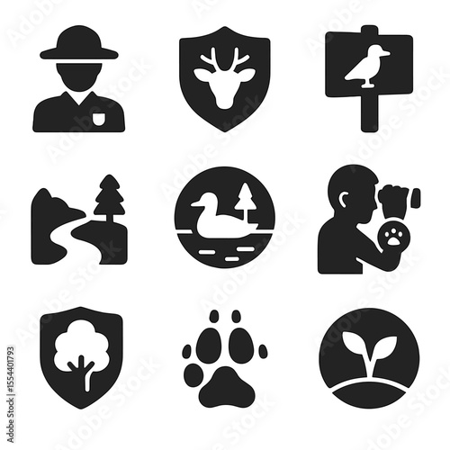 Wildlife Reserve Icons. Solid, filled icons set of protected wildlife reserves: park ranger, preserve badge,