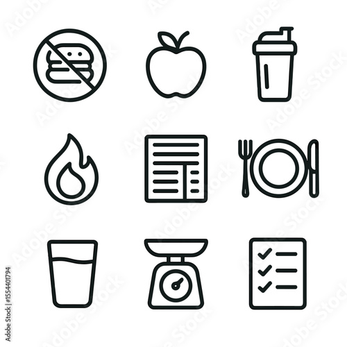 Calorie Tracking Icons. Outline icon set of calorie and nutrition tracking: burger crossed-out, apple icon, protein shake bottle,