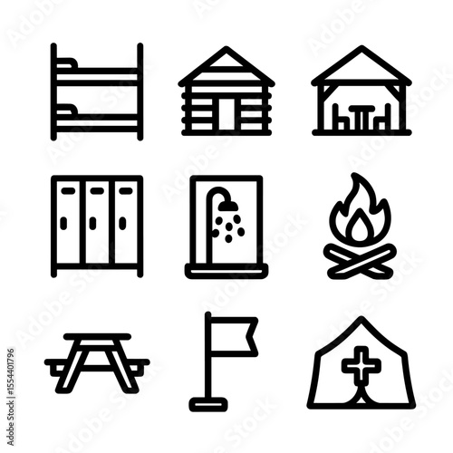 Camp Facility Icons. Outline icon set of camp accommodation and facilities: bunk bed, cabin, dining hall, locker room, shower