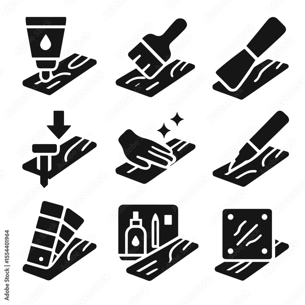 Wood Floor Repair Icons. Solid, filled icons set of repairing wooden floors: wood filler, small brush, repair