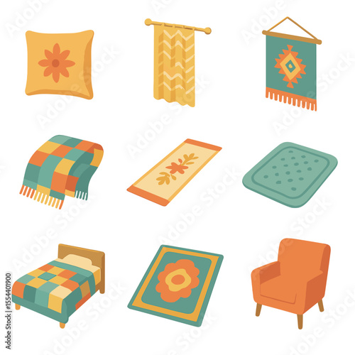 Home Décor Icons. Isometric Flat icon set of home décor textiles: decorative cushion, patterned curtain, tapestry wall hanging,