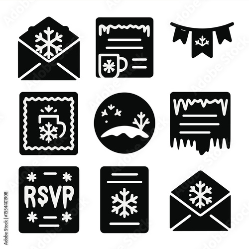 Winter Party Icons. Solid, filled icons set of snow-themed party invitations: snowflake envelope, frosty