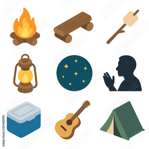 Campfire Storytelling Icons. Isometric Flat icon set of campfire storytelling audience in the dark: crackling campfire, log bench,