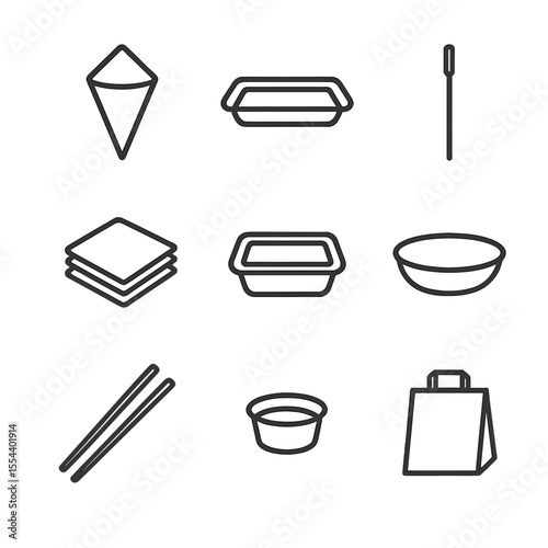 Food Packaging Icons. Outline icon set of food packaging and serving: paper cone, food tray, wooden skewer, napkin stack, plastic